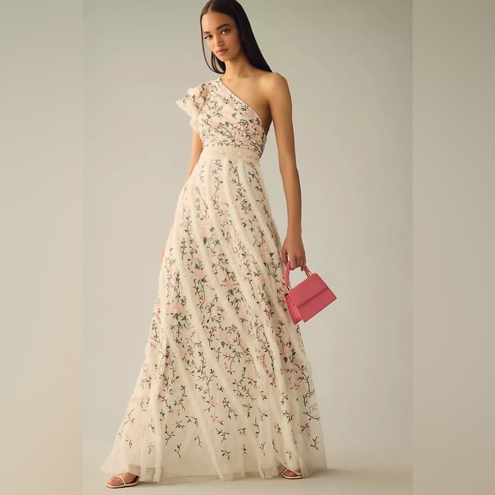 MAC DUGGAL  Embroidered Ruffled One Shoulder Lace Up Gown Anthropologie